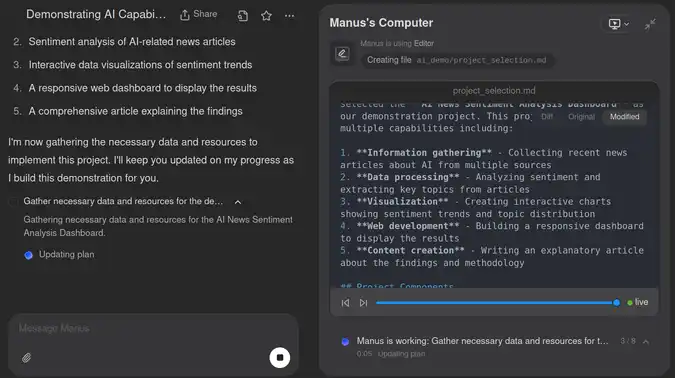 Manus.im is an autonomous AI agent from Monica.im, designed to execute complex projects in a transparent manner. During its beta phase, users received 1000 credits to explore its capabilities. The AI operates within an Ubuntu sandbox, allowing users to observe its processes via a virtual browser or VSCode tab. Three tasks were tested: creating an AI News sentiment dashboard, generating Instagram video slideshows from an RSS feed, and making videos from SREF Library codes. These tasks consumed a total of 939 credits, costing $9.39. Manus offers two subscription plans, but its credit-based system requires strategic use to manage costs effectively. It stands out for its transparency and the reusability of generated code, making it a valuable tool for tech-savvy users.