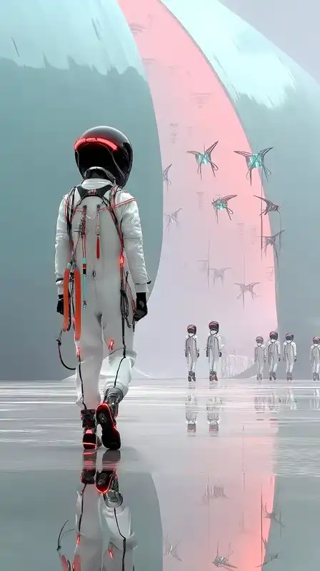 A futuristic pilot with a glowing visor walking through a cold neon-lit hangar, sharp reflections on metallic floors, drones swarming overhead in organized blue formation