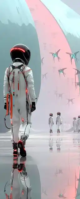 A futuristic pilot with a glowing visor walking through a cold neon-lit hangar, sharp reflections on metallic floors, drones swarming overhead in organized blue formation