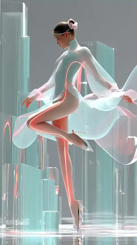 A cybernetic dancer performing in a glass stage surrounded by floating holographic screens, teal lighting reflecting on chrome limbs, backdrop of layered futuristic cityscapes