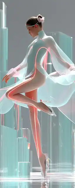 A cybernetic dancer performing in a glass stage surrounded by floating holographic screens, teal lighting reflecting on chrome limbs, backdrop of layered futuristic cityscapes