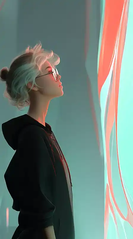 Portrait of a female hacker lit by the glow of a massive curved screen, data streams flowing across her face, cool-toned light casting shadows on industrial tech walls behind
