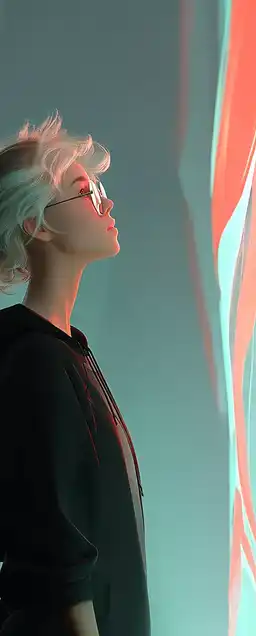 Portrait of a female hacker lit by the glow of a massive curved screen, data streams flowing across her face, cool-toned light casting shadows on industrial tech walls behind