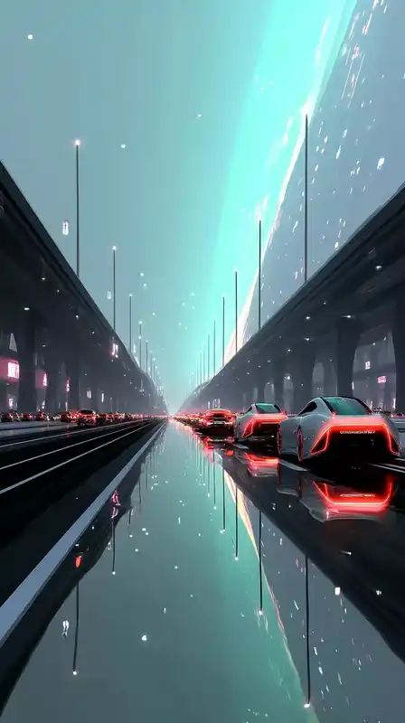 A futuristic highway stretching into a glowing blue horizon, sleek anti-grav vehicles speeding past, digital signs hovering in the air, stars reflected in the windshield glass