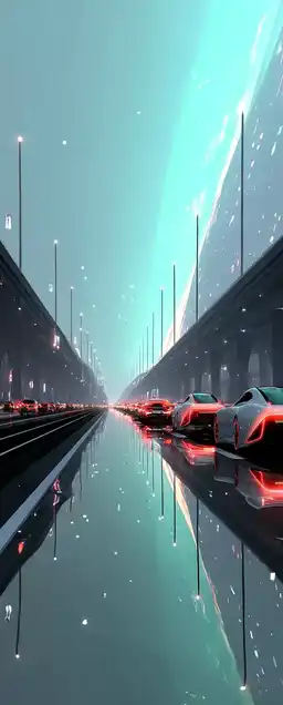 A futuristic highway stretching into a glowing blue horizon, sleek anti-grav vehicles speeding past, digital signs hovering in the air, stars reflected in the windshield glass