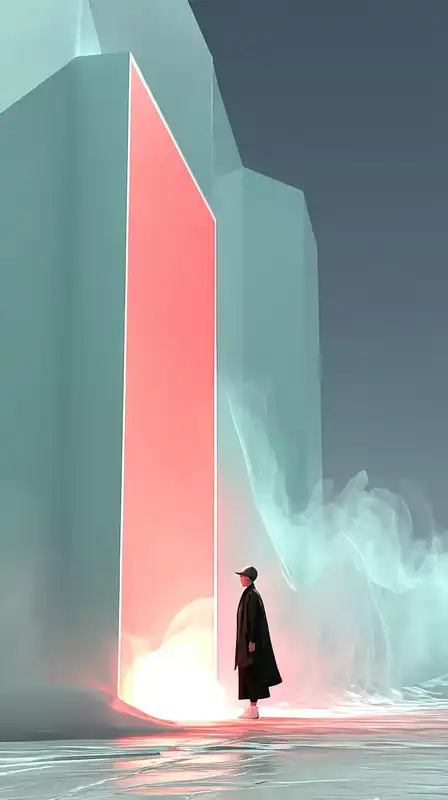 A lone figure in a digital cloak standing beneath a neon monolith in a frozen desert, electric patterns flowing beneath the ice, cold mist catching artificial moonlight