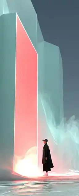 A lone figure in a digital cloak standing beneath a neon monolith in a frozen desert, electric patterns flowing beneath the ice, cold mist catching artificial moonlight