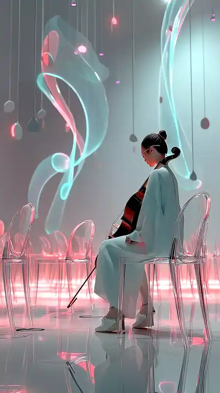 An android violinist performing in a glowing concert hall, transparent audience chairs, blue holographic music notes spiraling around her, illuminated by pulses of soft neon purple