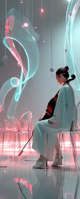 An android violinist performing in a glowing concert hall, transparent audience chairs, blue holographic music notes spiraling around her, illuminated by pulses of soft neon purple