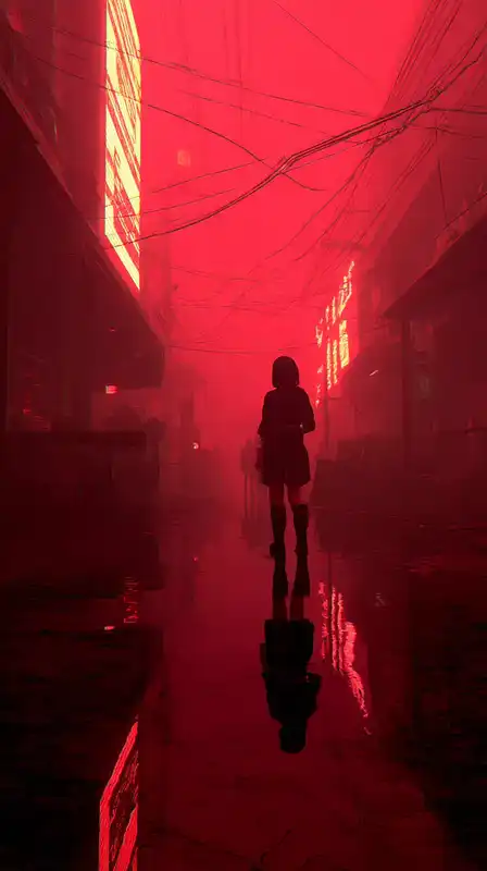 A cyberpunk girl with holographic hair walking through a city street bathed in pink neon rain, reflective puddles beneath her boots, glitchy billboards and soft fog surrounding her