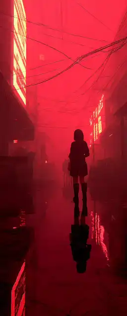 A cyberpunk girl with holographic hair walking through a city street bathed in pink neon rain, reflective puddles beneath her boots, glitchy billboards and soft fog surrounding her