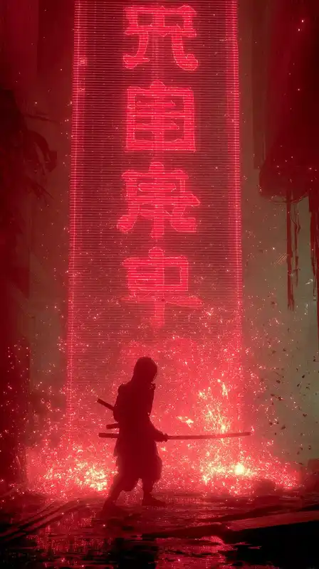 A samurai with a glowing katana posed in front of a shattered pink neon sign, sparks flying, steam venting from the sides of nearby buildings, cinematic angle