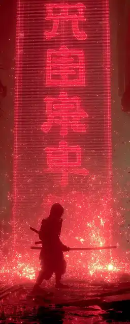 A samurai with a glowing katana posed in front of a shattered pink neon sign, sparks flying, steam venting from the sides of nearby buildings, cinematic angle