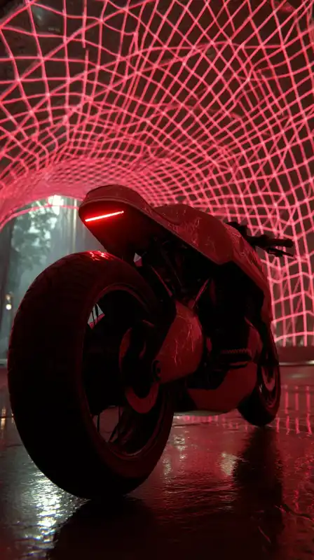 A futuristic motorbike parked under a glowing overpass, entirely lit by shifting pink holograms, chrome surfaces reflecting intense city lights, city skyline blurred in background