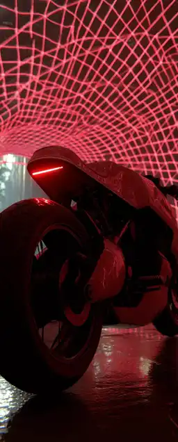 A futuristic motorbike parked under a glowing overpass, entirely lit by shifting pink holograms, chrome surfaces reflecting intense city lights, city skyline blurred in background