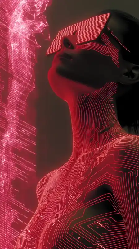 Portrait of a cybernetic agent with glowing pink tattoos and visor shades, smoke curling around her, pink data streams running through the background like rivers of code