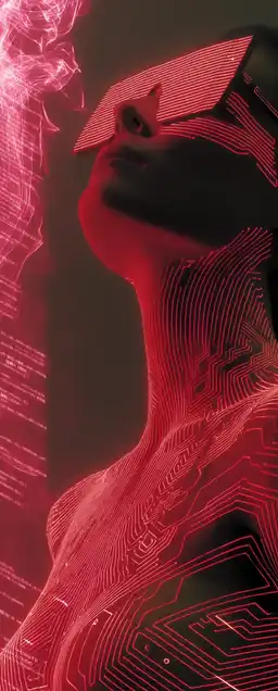 Portrait of a cybernetic agent with glowing pink tattoos and visor shades, smoke curling around her, pink data streams running through the background like rivers of code