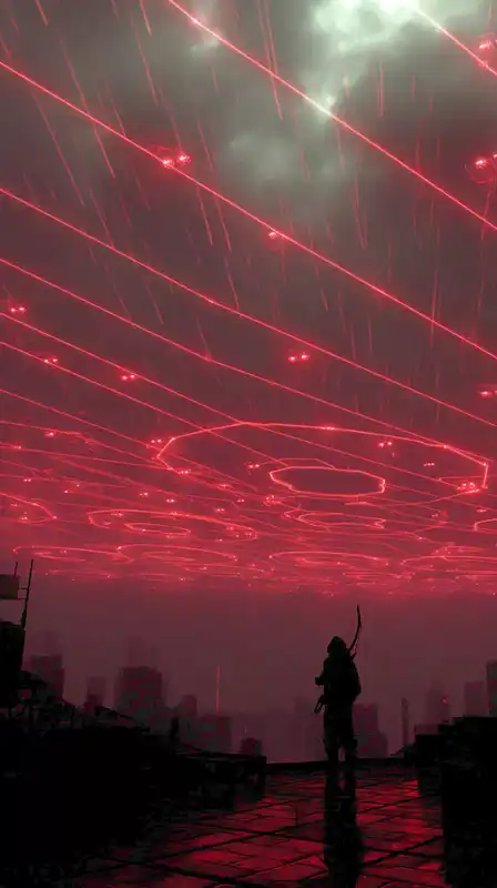 A rooftop scene with pink neon drones hovering over a rainy skyline, lone figure cloaked in techwear aiming a plasma bow, thunderclouds pulsing with ambient light
