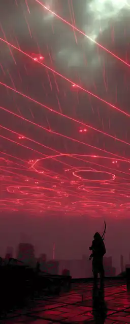 A rooftop scene with pink neon drones hovering over a rainy skyline, lone figure cloaked in techwear aiming a plasma bow, thunderclouds pulsing with ambient light