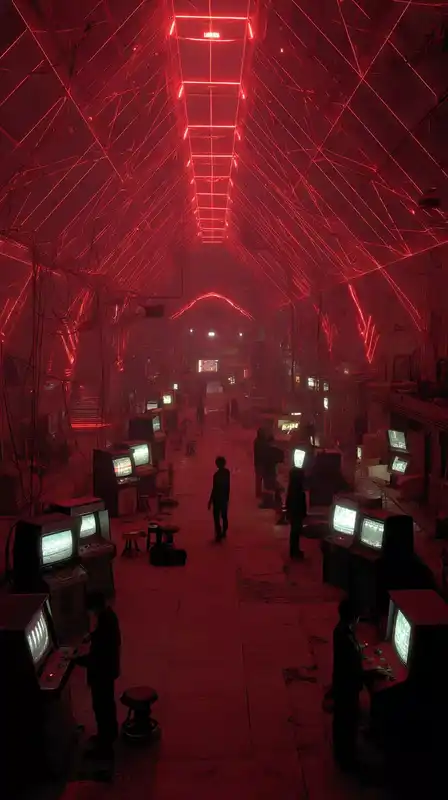 Interior of a cyberpunk arcade glowing with shifting shades of pink and magenta, players surrounded by floating screens and pixelated game projections, retro-futuristic vibes
