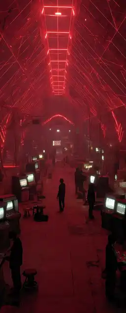Interior of a cyberpunk arcade glowing with shifting shades of pink and magenta, players surrounded by floating screens and pixelated game projections, retro-futuristic vibes
