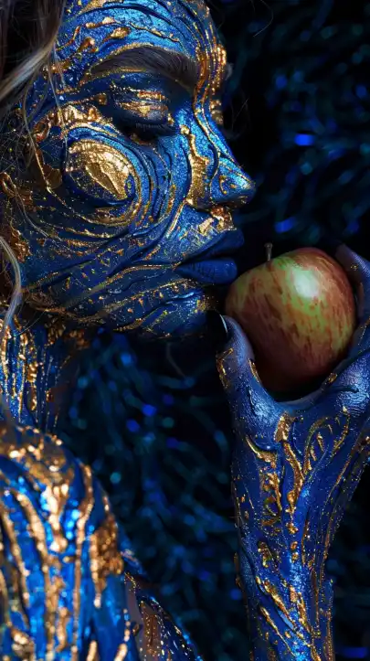 fashion close up shot of a femal model eating an apple