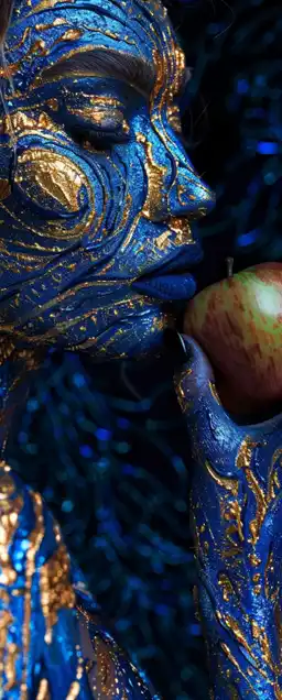 fashion close up shot of a femal model eating an apple