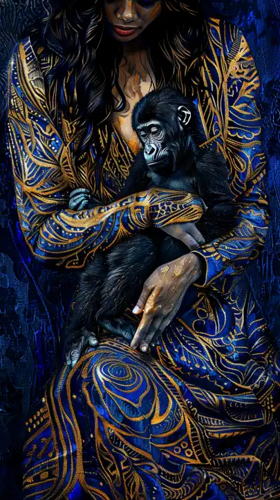 close up fashion shot of a mother holding a baby gorilla in her arm