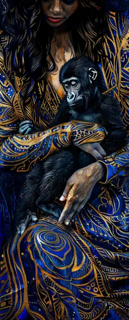 close up fashion shot of a mother holding a baby gorilla in her arm