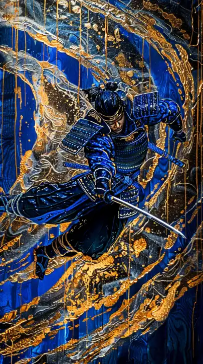 a samurai jumping towards the camera in an attack pose 