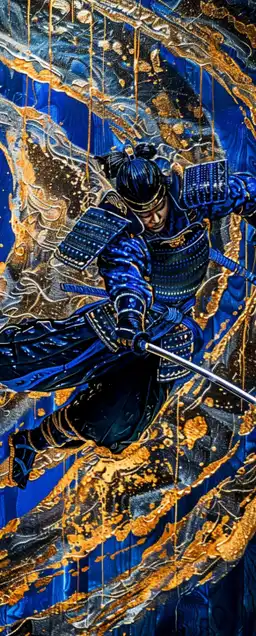 a samurai jumping towards the camera in an attack pose 