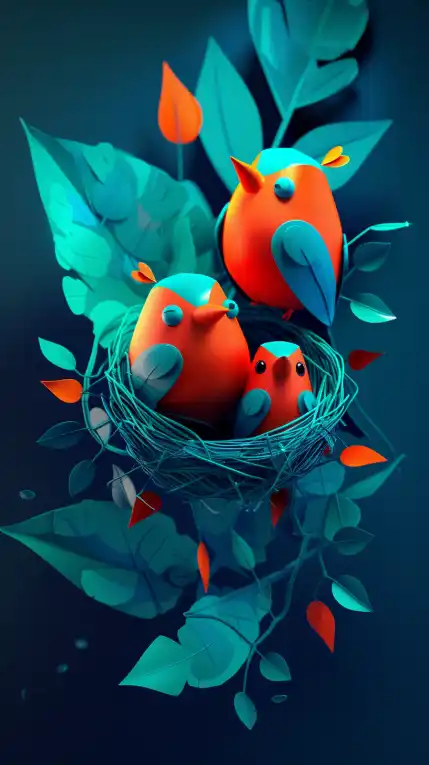 a bird sitting in his nest with his babies