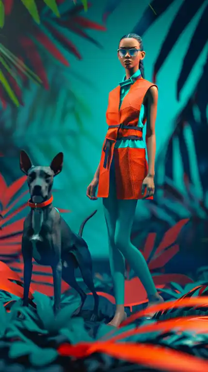 ashion photo of a model and her dog walking in the jungle