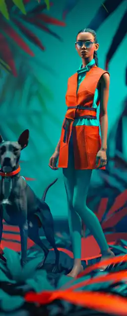 ashion photo of a model and her dog walking in the jungle