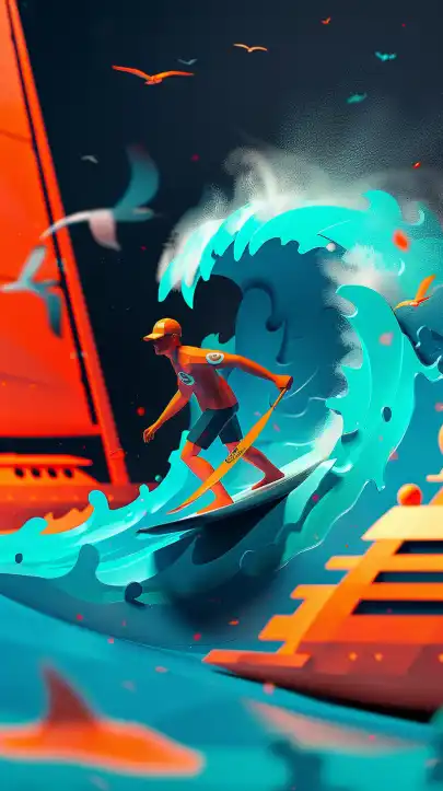surfer on a wave, yacht in the background