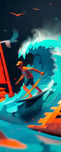surfer on a wave, yacht in the background
