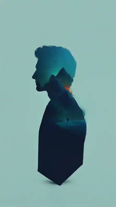 profile silhuette from a man with mountains and nature