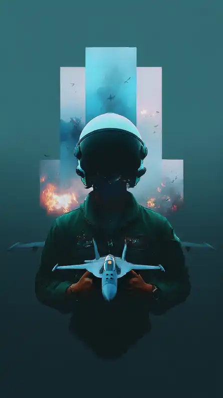 a fighter jet pilot with his helmet standing in front of his fighter jet, with explosions and images of war in the background