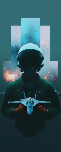 a fighter jet pilot with his helmet standing in front of his fighter jet, with explosions and images of war in the background