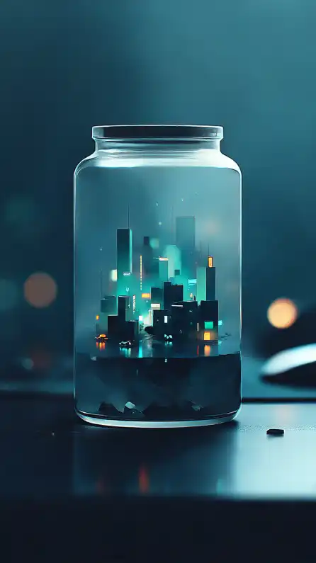 miniatur cypherpunk city in neon lights inside a glass jar that stands inside a hacker hideout on the desk