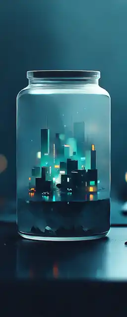 miniatur cypherpunk city in neon lights inside a glass jar that stands inside a hacker hideout on the desk