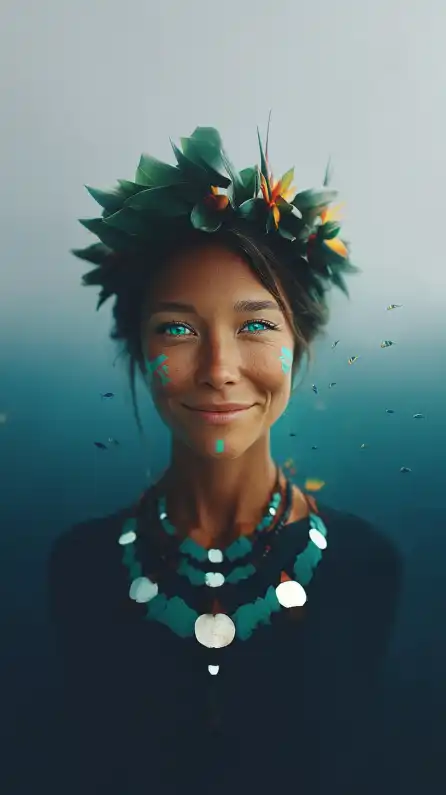 close up fashion shot of a hawaiian beaty has bright green eyes and wearing flowers in her hair and complex jewelry made out of pearls and wood, smiling into the camera, with the ocean and fish in the background exposure