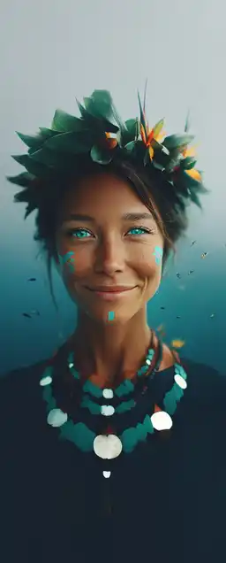 close up fashion shot of a hawaiian beaty has bright green eyes and wearing flowers in her hair and complex jewelry made out of pearls and wood, smiling into the camera, with the ocean and fish in the background exposure