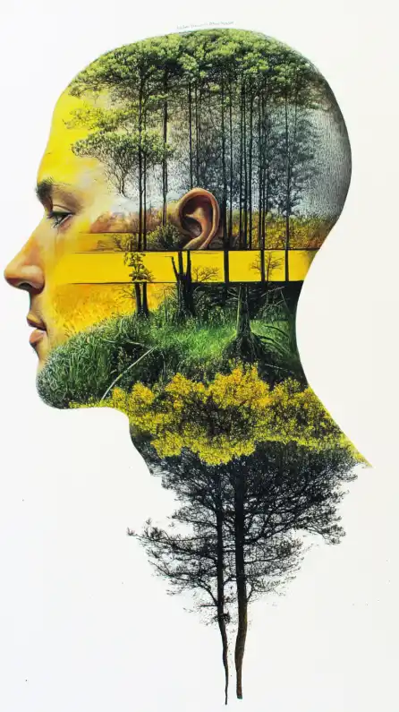 close up shot of a profile from a man with shaved head and a forrest