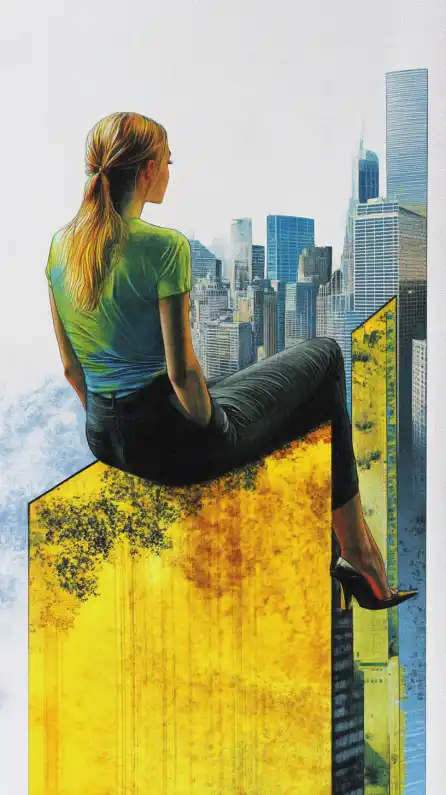 fashion shoot of a female model and a city skyline