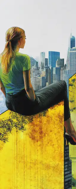 fashion shoot of a female model and a city skyline