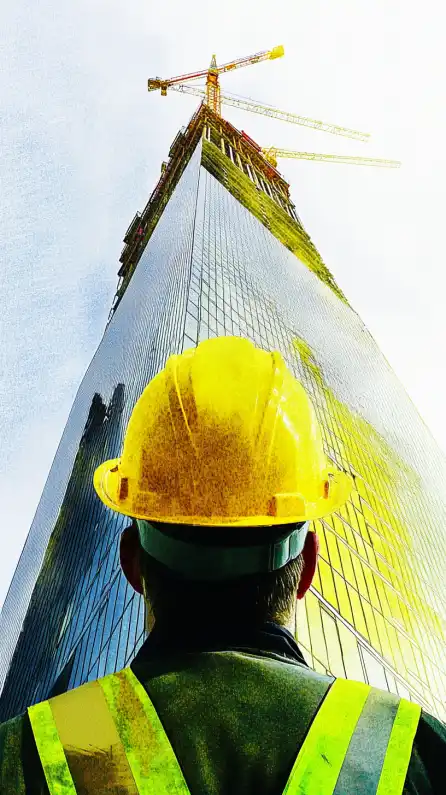 a construction worker and a skyscraper under construction