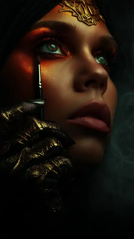 close up shop of a fashion model putting makeup in her face