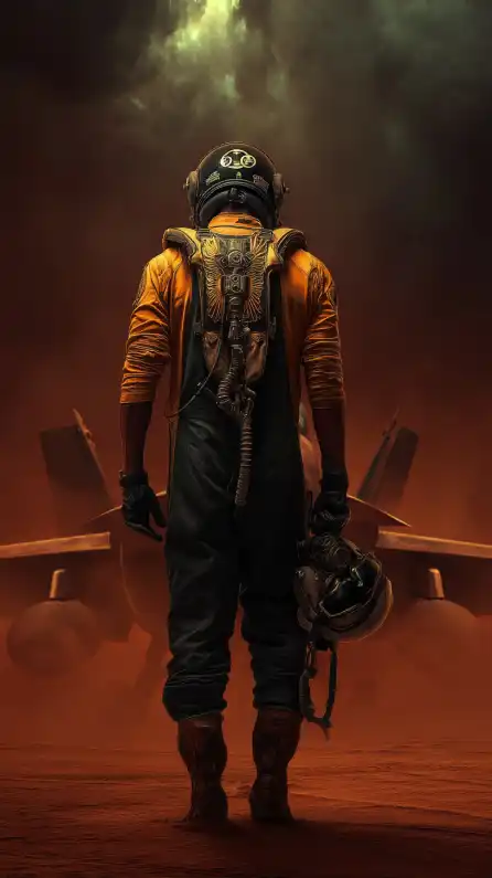 a fighter jet pilot with his helmet standing in front of his fighter jet