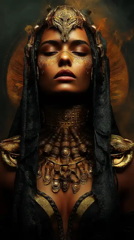 a female egyptian pharao dressed with classic gold jewelry